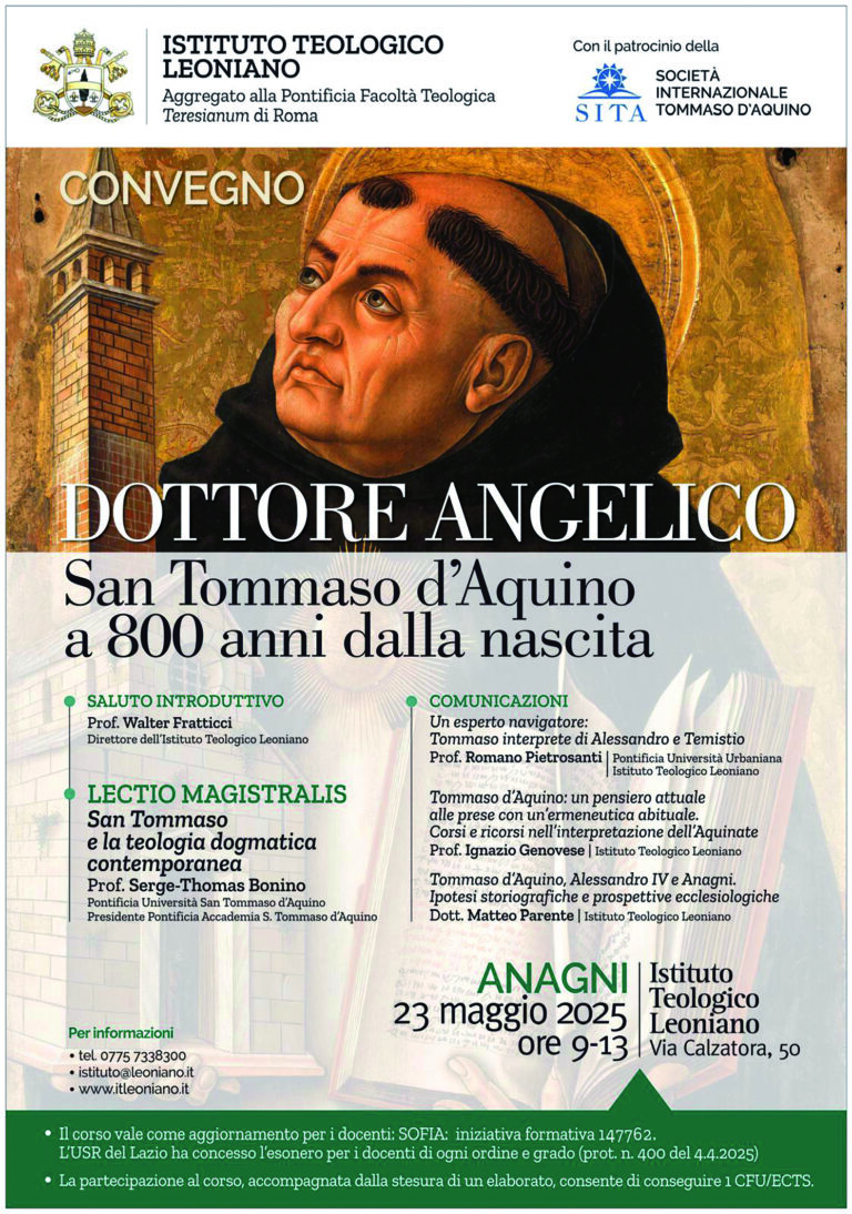 23 maggio Anagni, Istituto Teologico Leoniano: Convegno Dottore Angelico San Tommaso d’Aquino a 800 anni dalla nascità