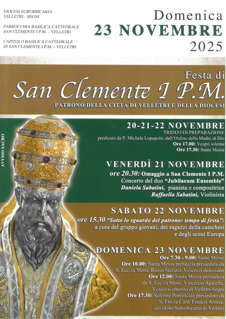 Domenica 23 novembre | Festa di San Clemente I p.m. – Santo Patrono della città di Velletri e della Diocesi